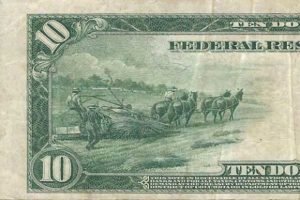 1914m. Amerikos Valstijų dešimties dolerių kupiūros nugarėlė atvaizdavo fermerius, nuiminėjančius pluoštinių kanapių derlių